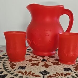 Retro 70's Koolaid Smiley Face Red Plastic Pitcher and Mug Set - Unbranded